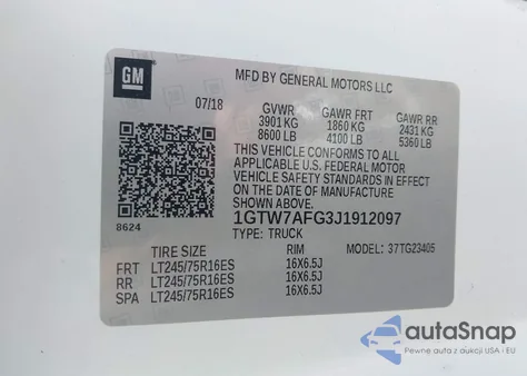 2018 GMC Savana 2500 Work Van z USA, uszkodzony, nr VIN 1GTW7AFG3J1912097